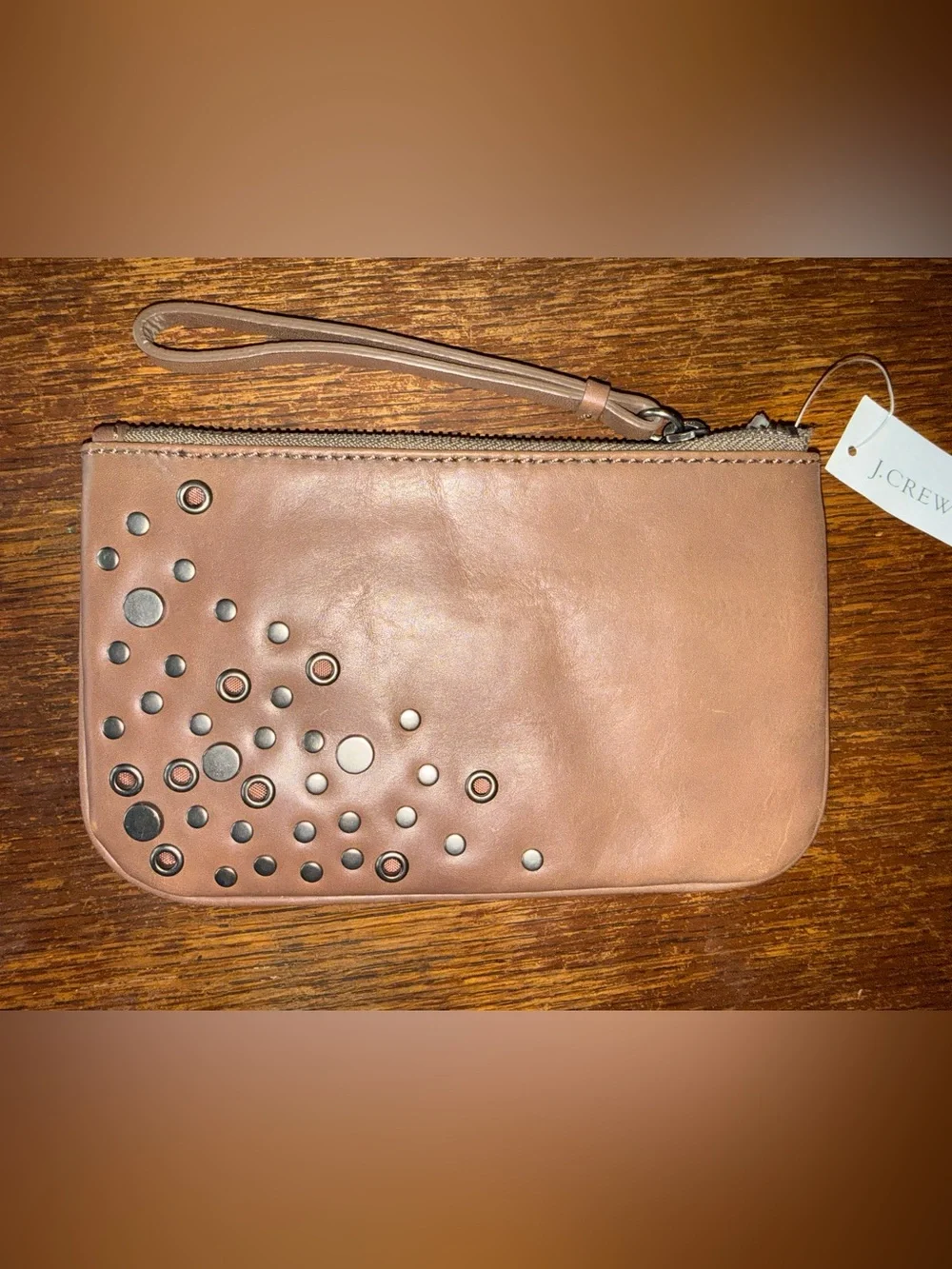 NWT J.Crew Brown Leather Wristlet Metal Studded Hardware Design 7.5”x 3.5.